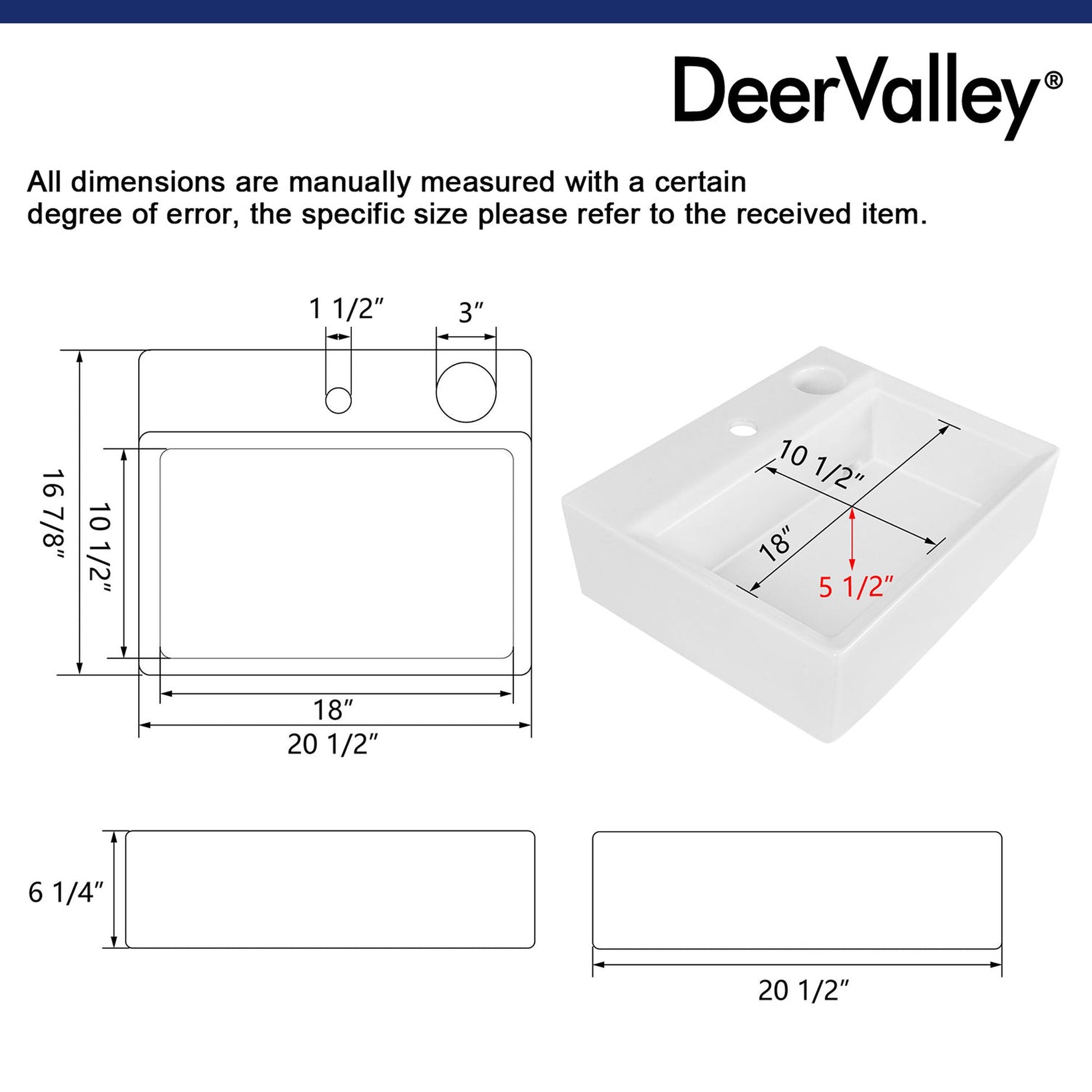 DeerValley Apex 17" Rectangular White Vessel Bathroom Sink With Hidden Drainage