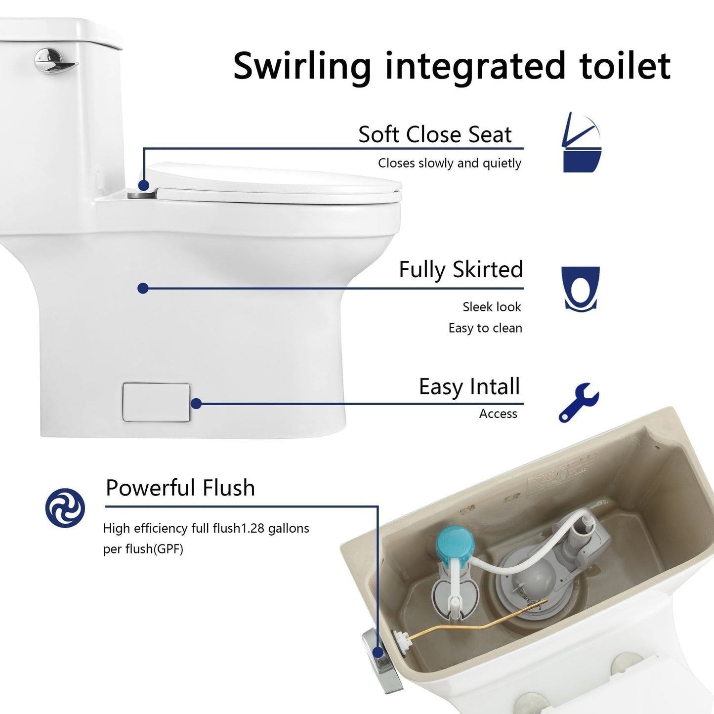 DeerValley Apex 1.28 GPF Tornado Single-Flush Elongated White Comfort Height One-Piece Toilet With Soft Closing Seat