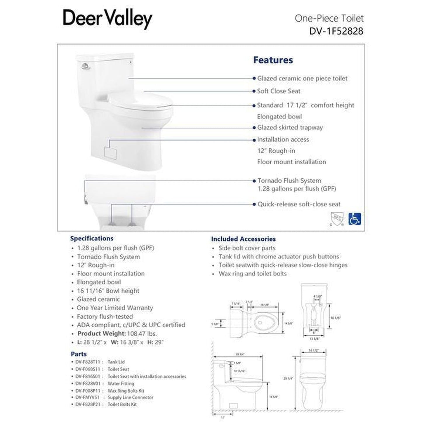 DeerValley Apex 1.28 GPF Tornado Single-Flush Elongated White Comfort Height One-Piece Toilet With Soft Closing Seat