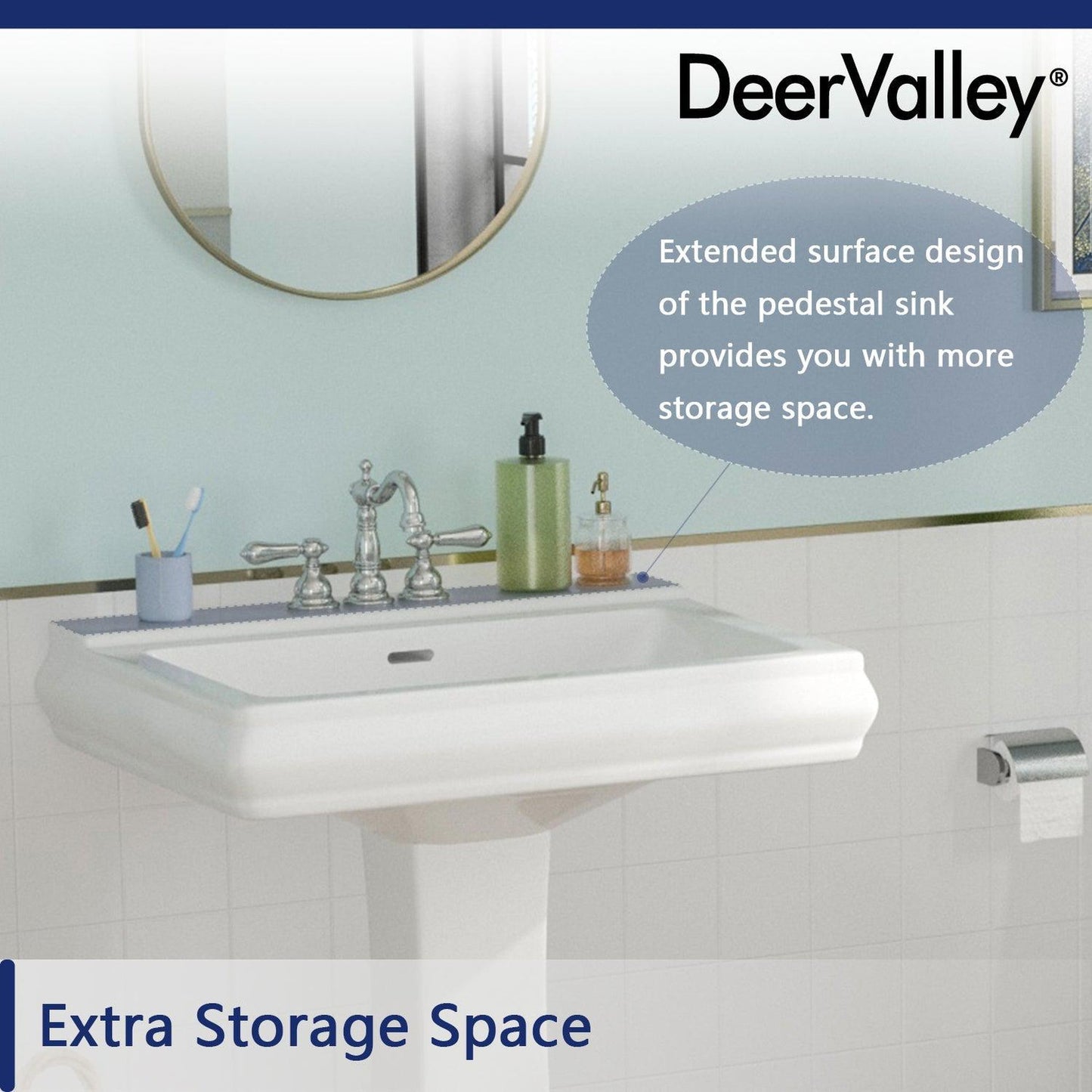 DeerValley Apex 26" x 20" Rectangular White Pedestal Bathroom Sink With Three Faucet Holes and Overflow Hole