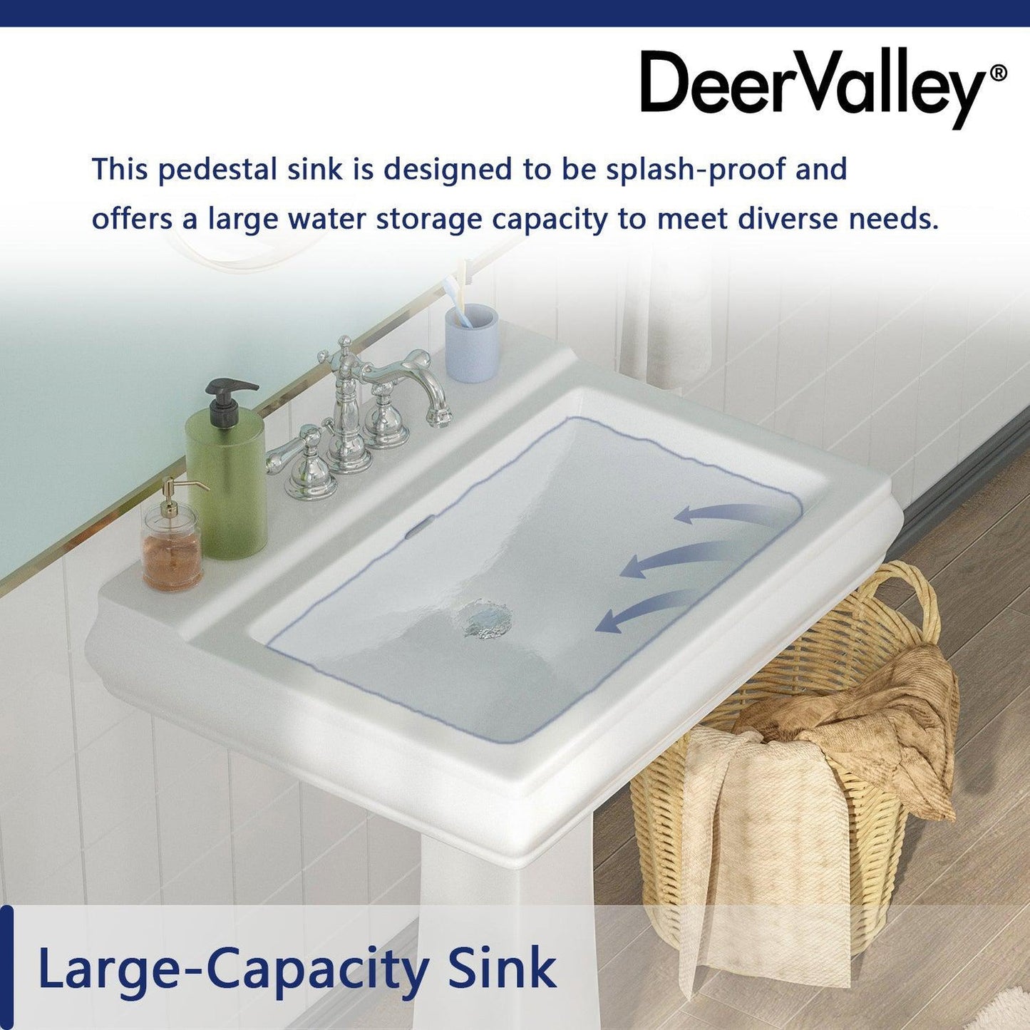 DeerValley Apex 26" x 20" Rectangular White Pedestal Bathroom Sink With Three Faucet Holes and Overflow Hole