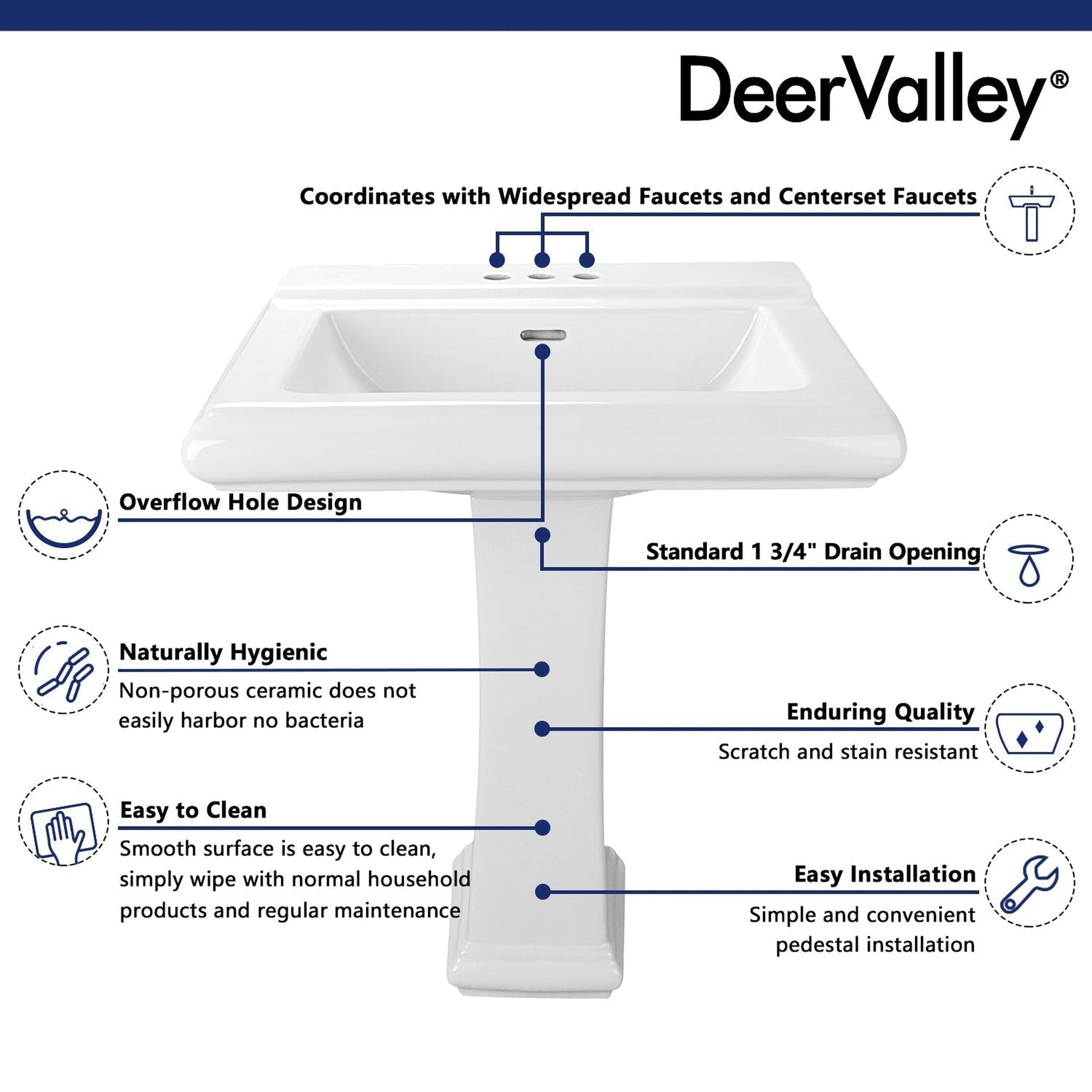 DeerValley Apex 26" x 20" Rectangular White Pedestal Bathroom Sink With Three Faucet Holes and Overflow Hole