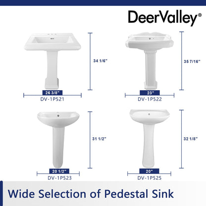 DeerValley Apex 26" x 20" Rectangular White Pedestal Bathroom Sink With Three Faucet Holes and Overflow Hole