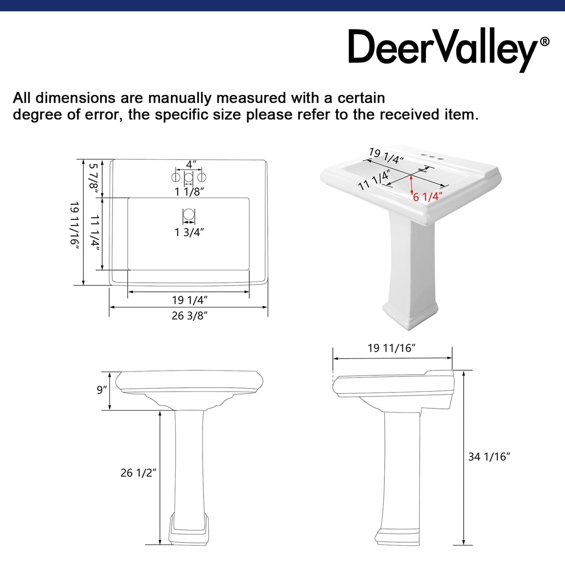 DeerValley Apex 26" x 20" Rectangular White Pedestal Bathroom Sink With Three Faucet Holes and Overflow Hole