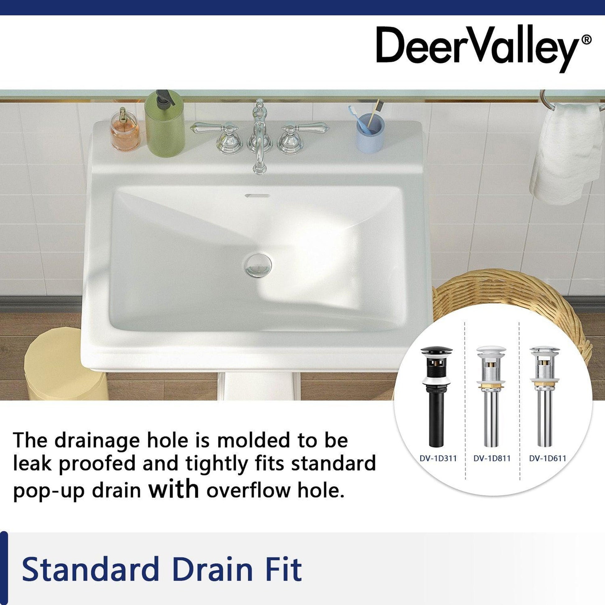 DeerValley Apex 26" x 20" Rectangular White Pedestal Bathroom Sink With Three Faucet Holes and Overflow Hole