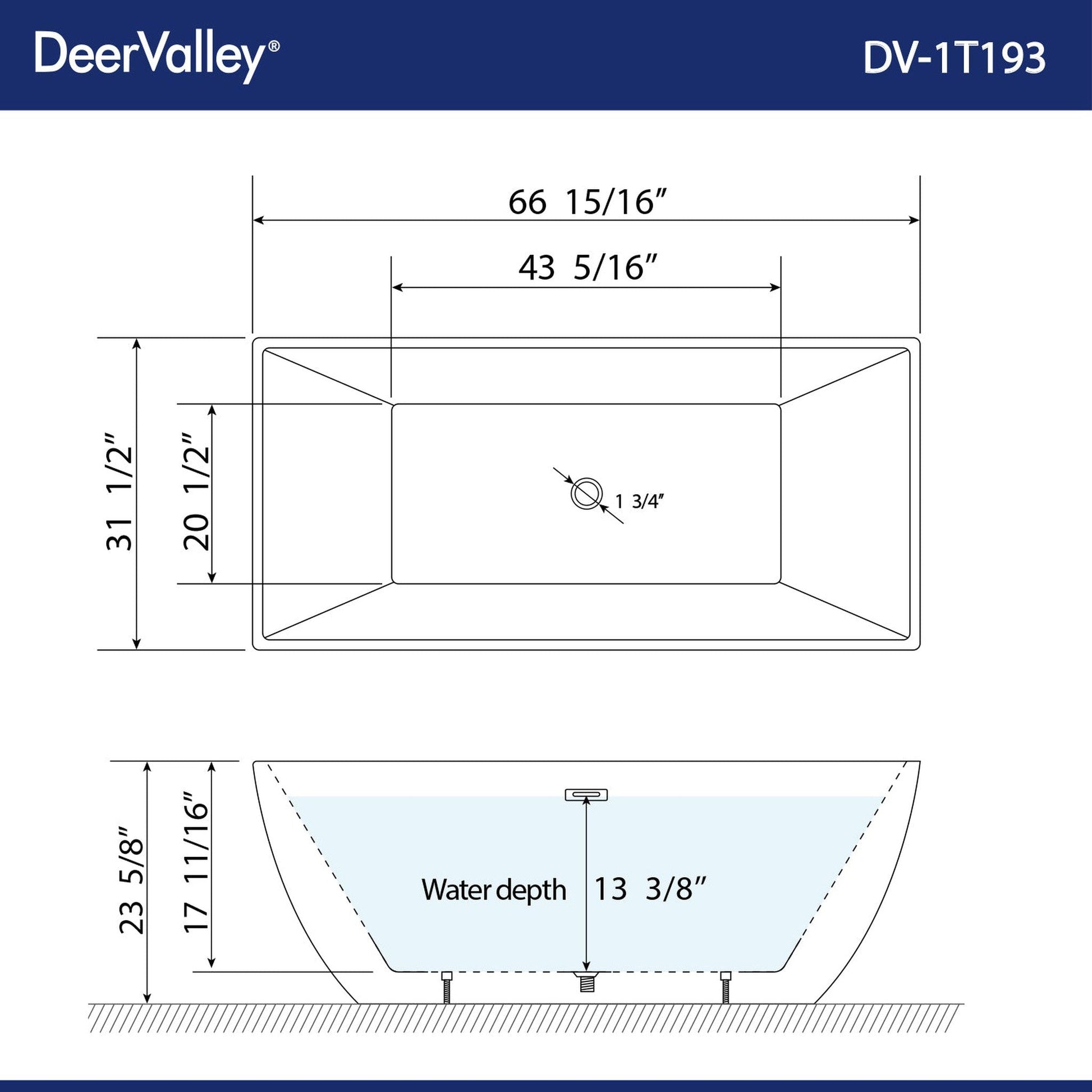 DeerValley Apex 67" x 31" Rectangular White Freestanding Acrylic Bathtub