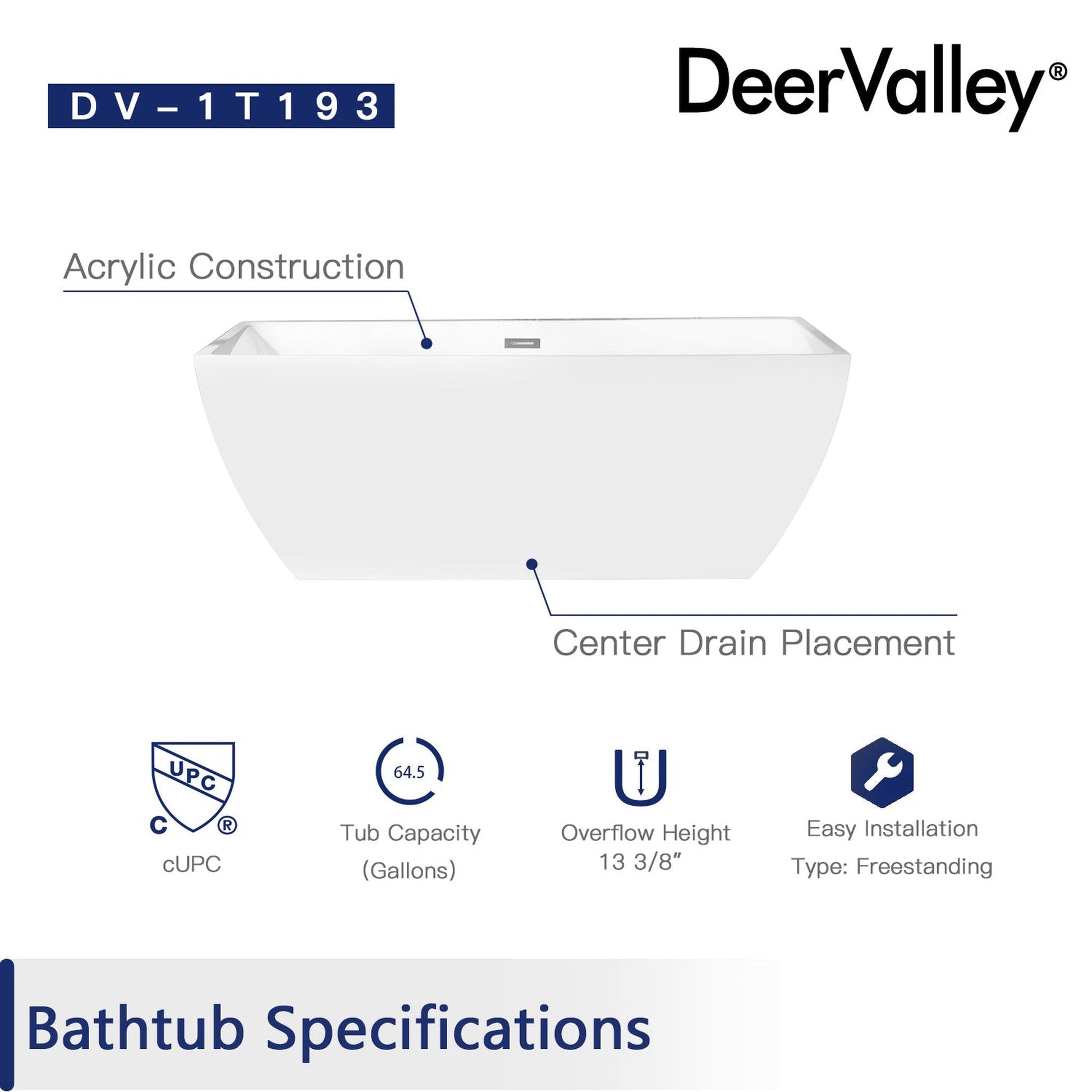 DeerValley Apex 67" x 31" Rectangular White Freestanding Acrylic Bathtub