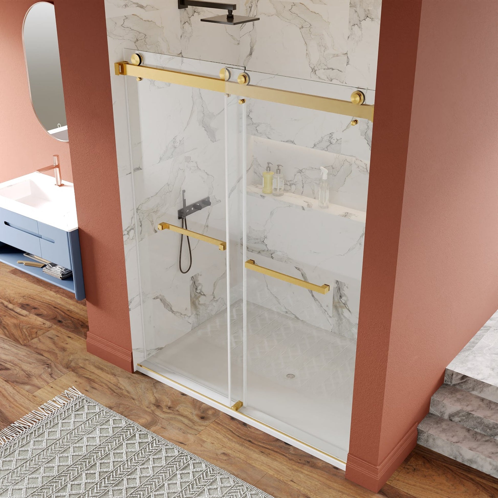 DeerValley Concord 56" Rectangular Double Sliding Frameless Shower Door With Gold Hardware