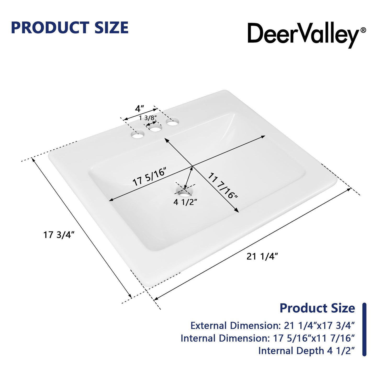 DeerValley DV-1DS0122 18" Rectangular White Drop-in Bathroom Sink With Overflow Hole