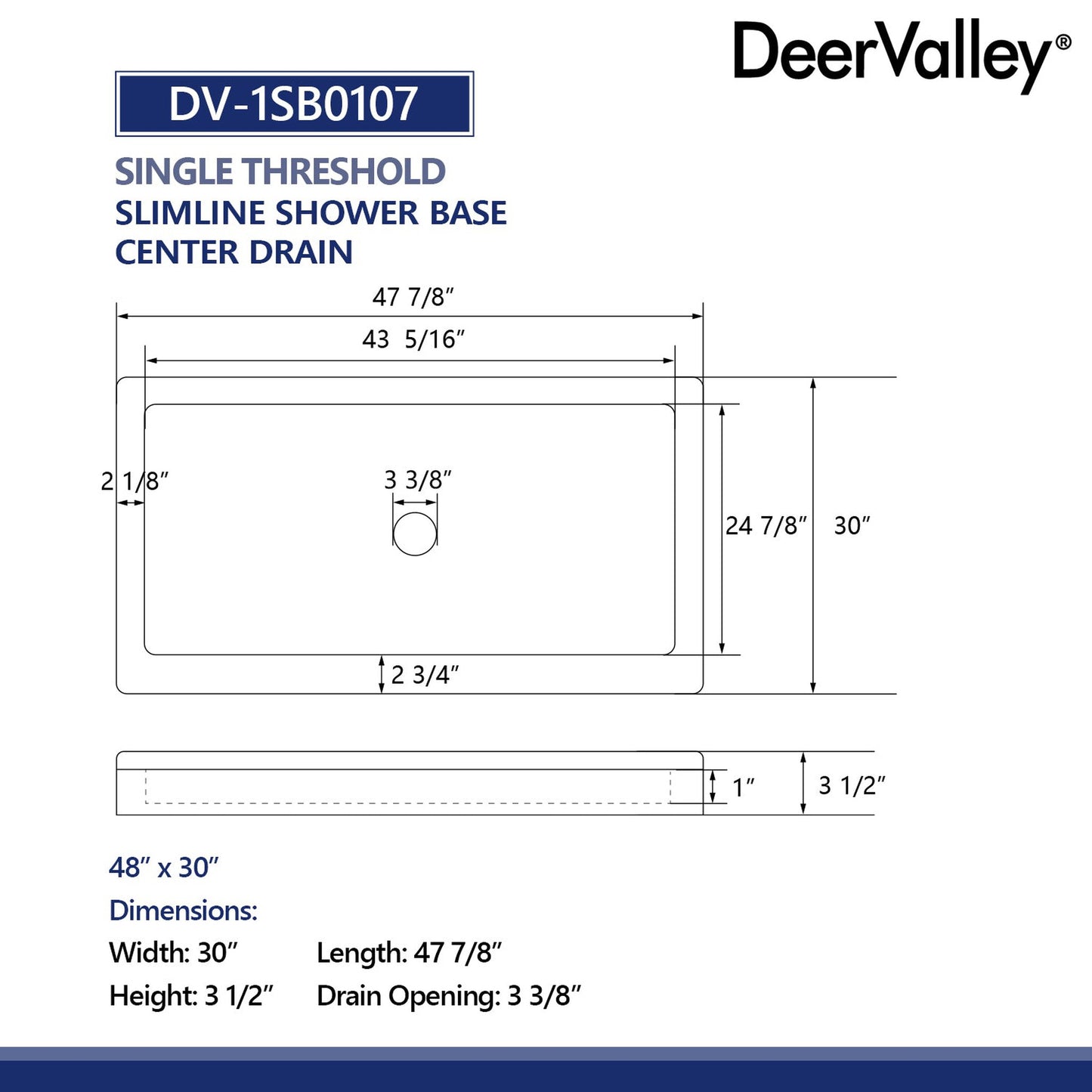 DeerValley DV-1SB0107 48" x 30" Rectangular White Non-slip Design Shower Base