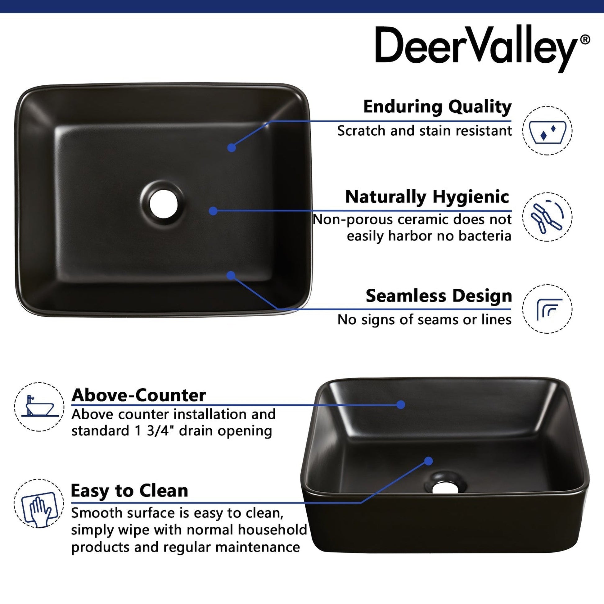 DeerValley DV-2V031 15" x 19" x 6" Black Rectangular Ceramic Vessel Sink