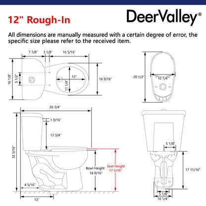 DeerValley Dynasty 15" x 32" 12" Rough-in Dual-Flush Round White Two-Piece Toilet With Soft Closing Seat