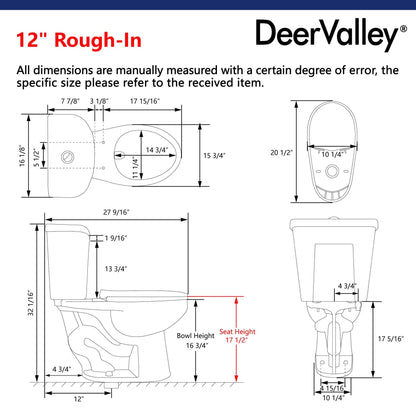 DeerValley Dynasty 16" x 32" 12" Rough-in Dual-Flush Elongated White Two-Piece Toilet With Soft Closing Seat