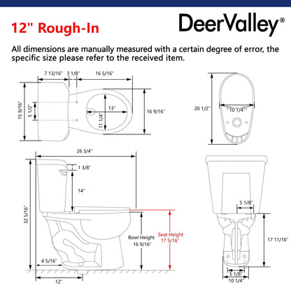 DeerValley Dynasty 16" x 32" 12" Rough-in Single-Flush Round White Two-Piece Toilet With Soft Closing Seat