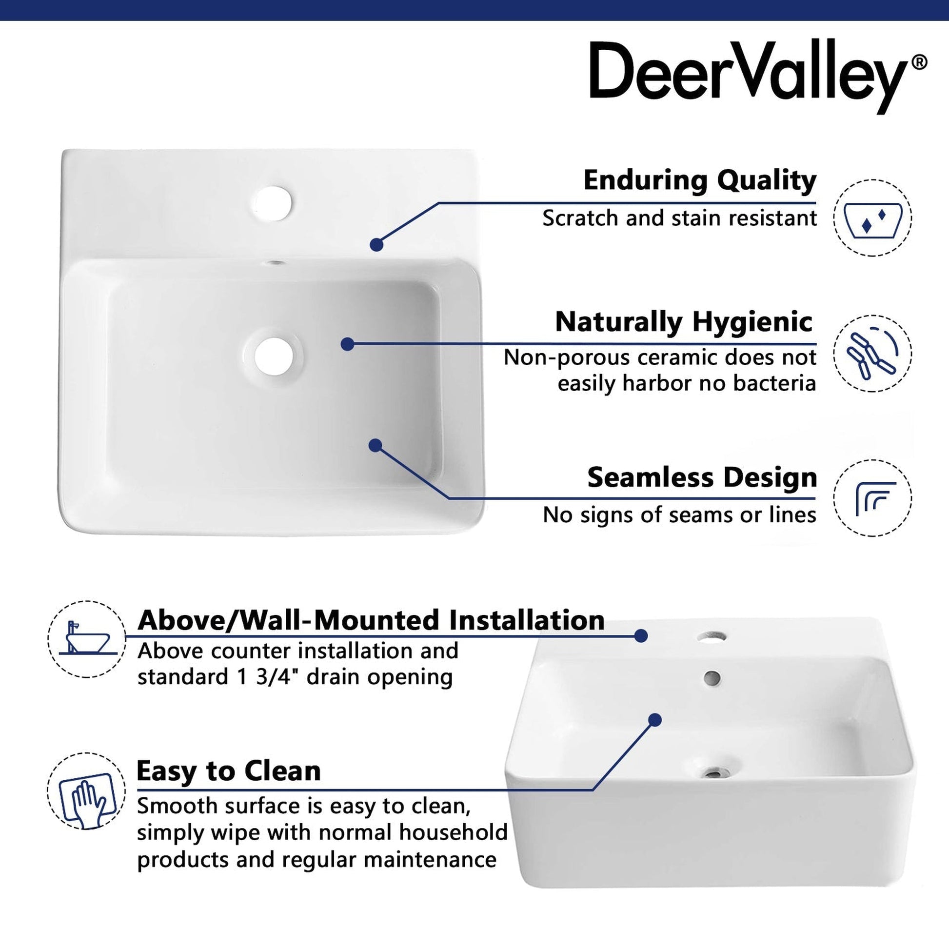 DeerValley Dynasty 18" Rectangular White Vessel Bathroom Sink With Overflow Hole