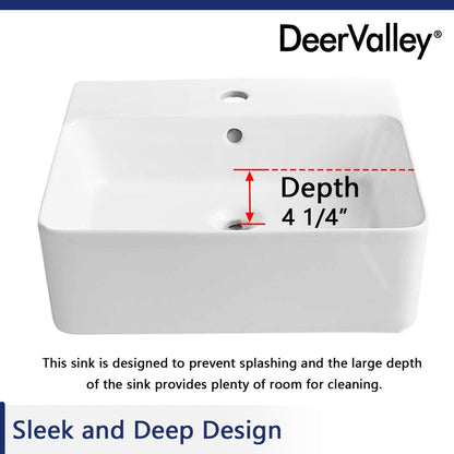 DeerValley Dynasty 18" Rectangular White Vessel Bathroom Sink With Overflow Hole