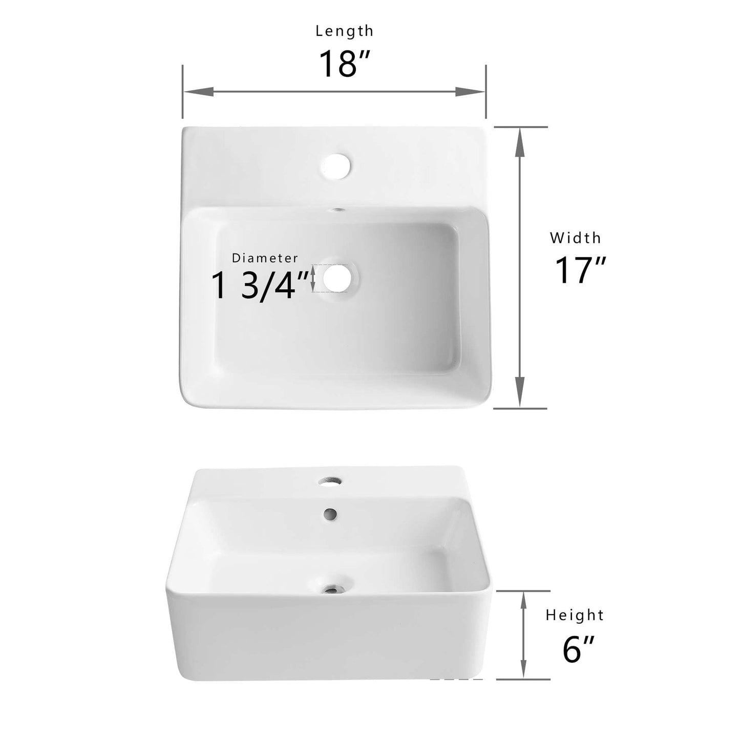 DeerValley Dynasty 18" Rectangular White Vessel Bathroom Sink With Overflow Hole