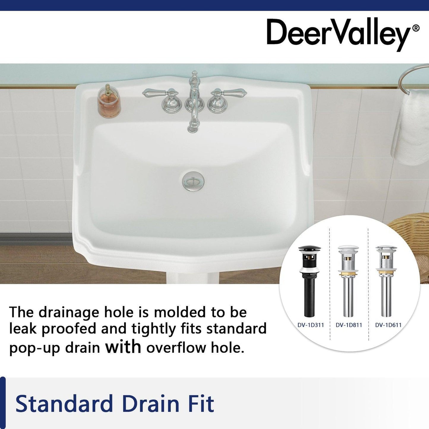 DeerValley Dynasty 23" x 19" Rectangular White Pedestal Bathroom Sink With Three Faucet Holes and Overflow Hole