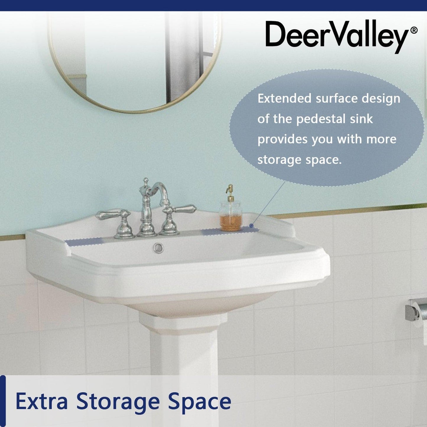 DeerValley Dynasty 23" x 19" Rectangular White Pedestal Bathroom Sink With Three Faucet Holes and Overflow Hole