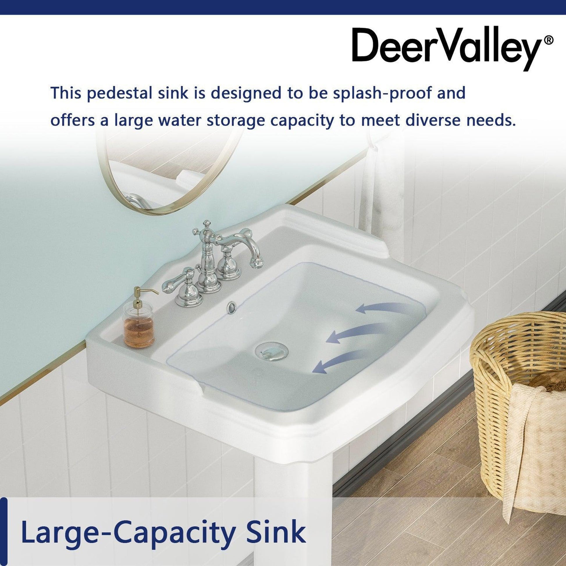 DeerValley Dynasty 23" x 19" Rectangular White Pedestal Bathroom Sink With Three Faucet Holes and Overflow Hole