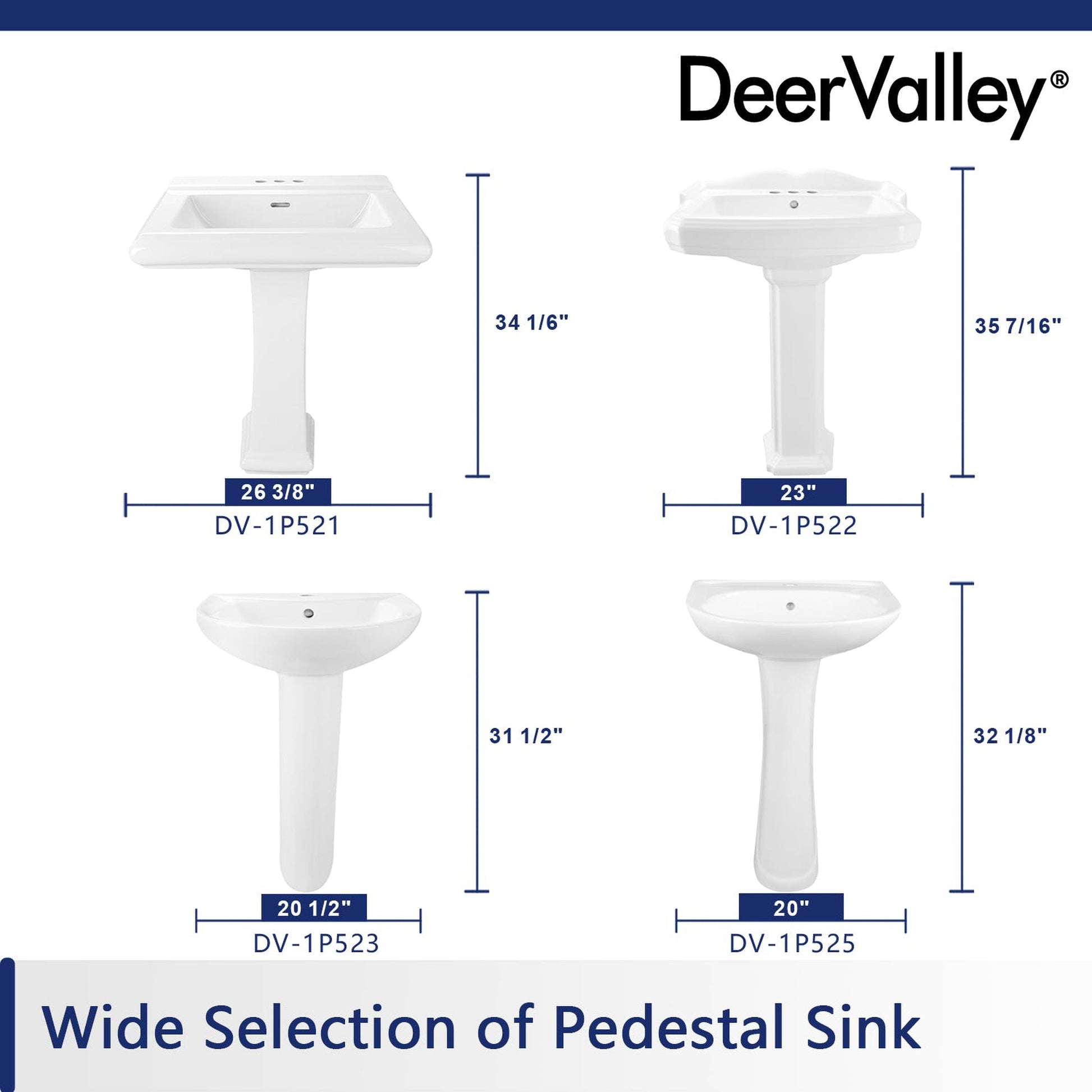 DeerValley Dynasty 23" x 19" Rectangular White Pedestal Bathroom Sink With Three Faucet Holes and Overflow Hole