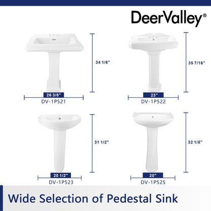 DeerValley Dynasty 23" x 19" Rectangular White Pedestal Bathroom Sink With Three Faucet Holes and Overflow Hole