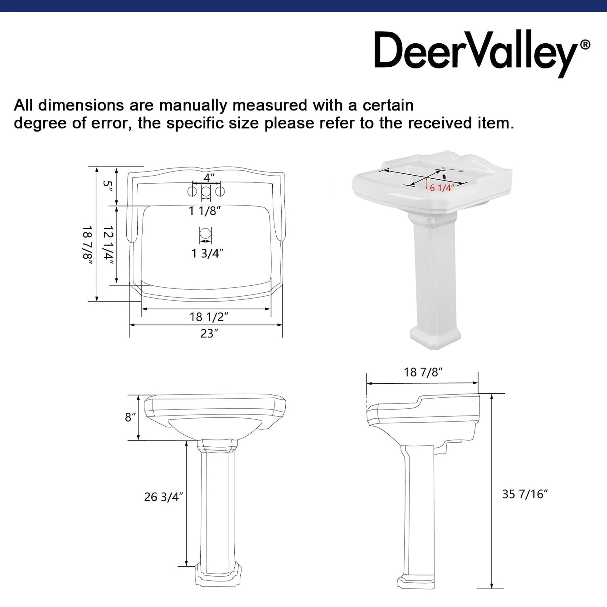 DeerValley Dynasty 23" x 19" Rectangular White Pedestal Bathroom Sink With Three Faucet Holes and Overflow Hole