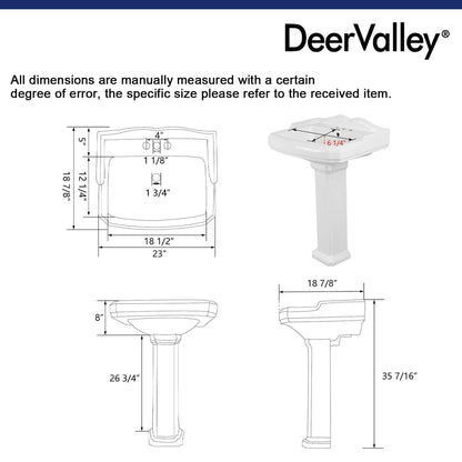 DeerValley Dynasty 23" x 19" Rectangular White Pedestal Bathroom Sink With Three Faucet Holes and Overflow Hole