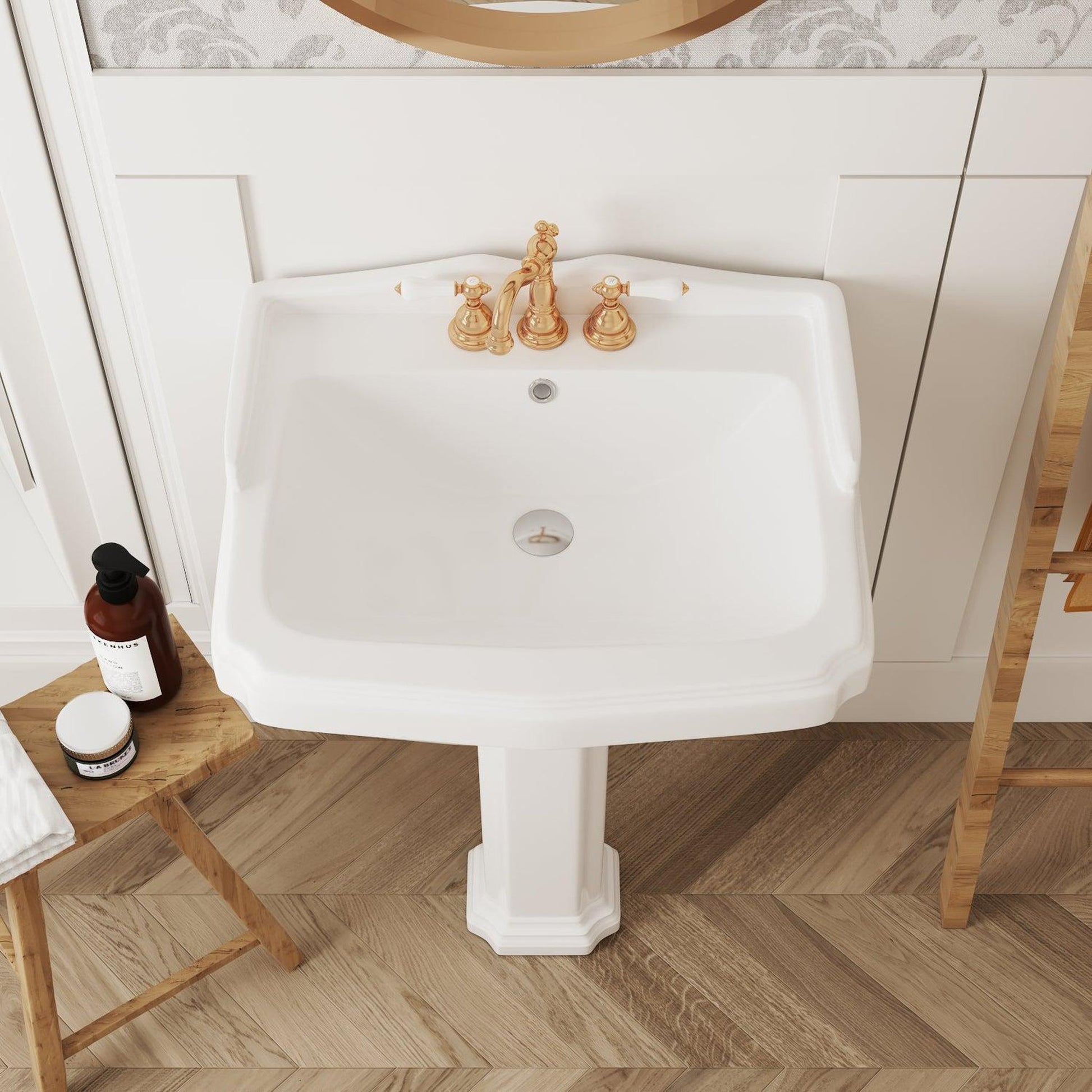 DeerValley Dynasty 23" x 19" Rectangular White Pedestal Bathroom Sink With Three Faucet Holes and Overflow Hole