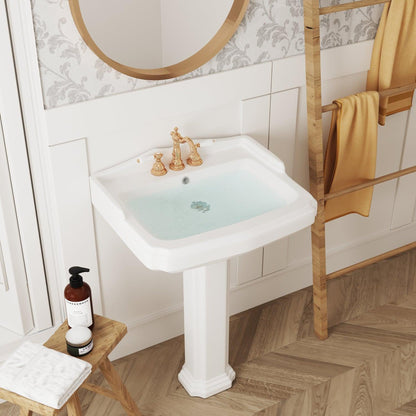 DeerValley Dynasty 23" x 19" Rectangular White Pedestal Bathroom Sink With Three Faucet Holes and Overflow Hole