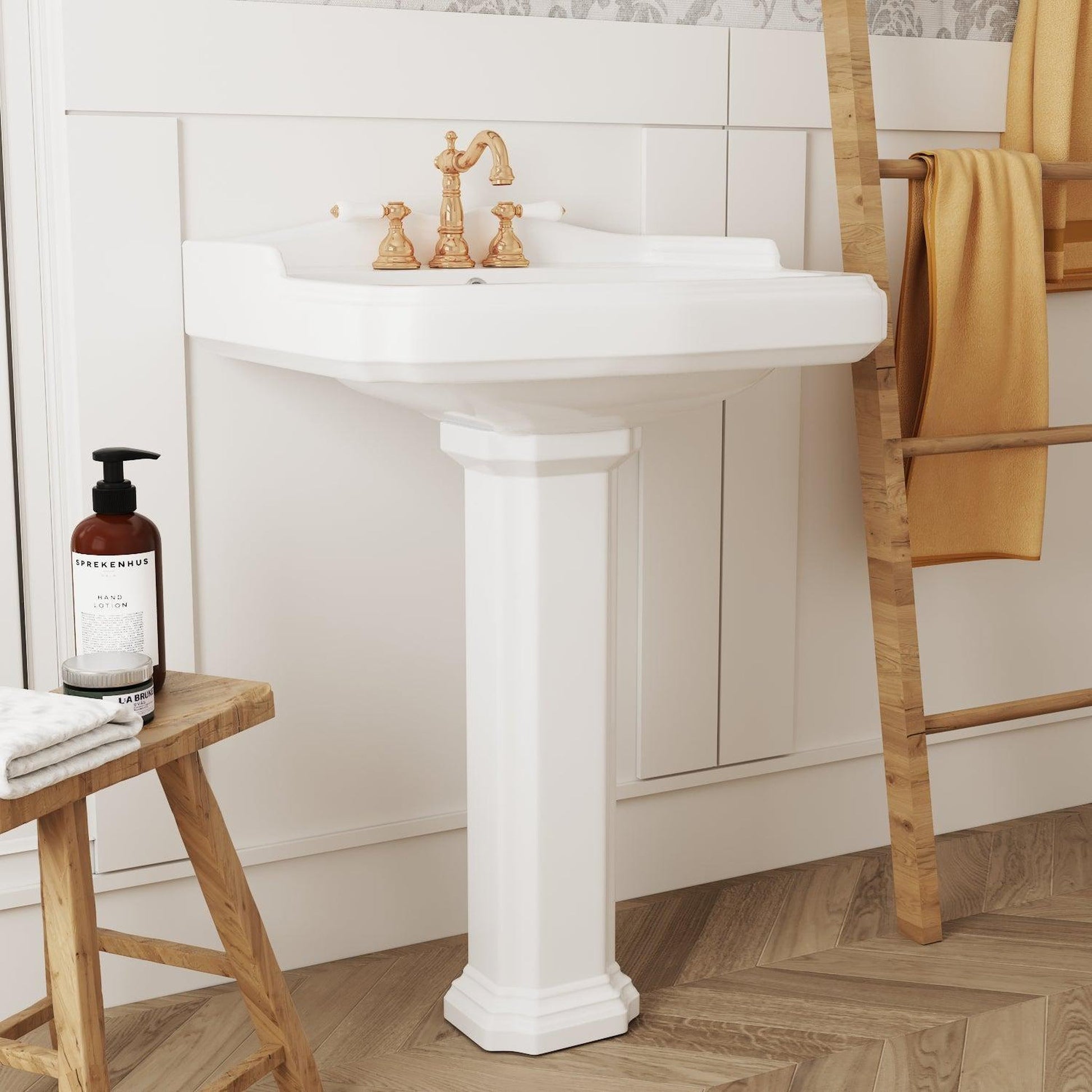 DeerValley Dynasty 23" x 19" Rectangular White Pedestal Bathroom Sink With Three Faucet Holes and Overflow Hole