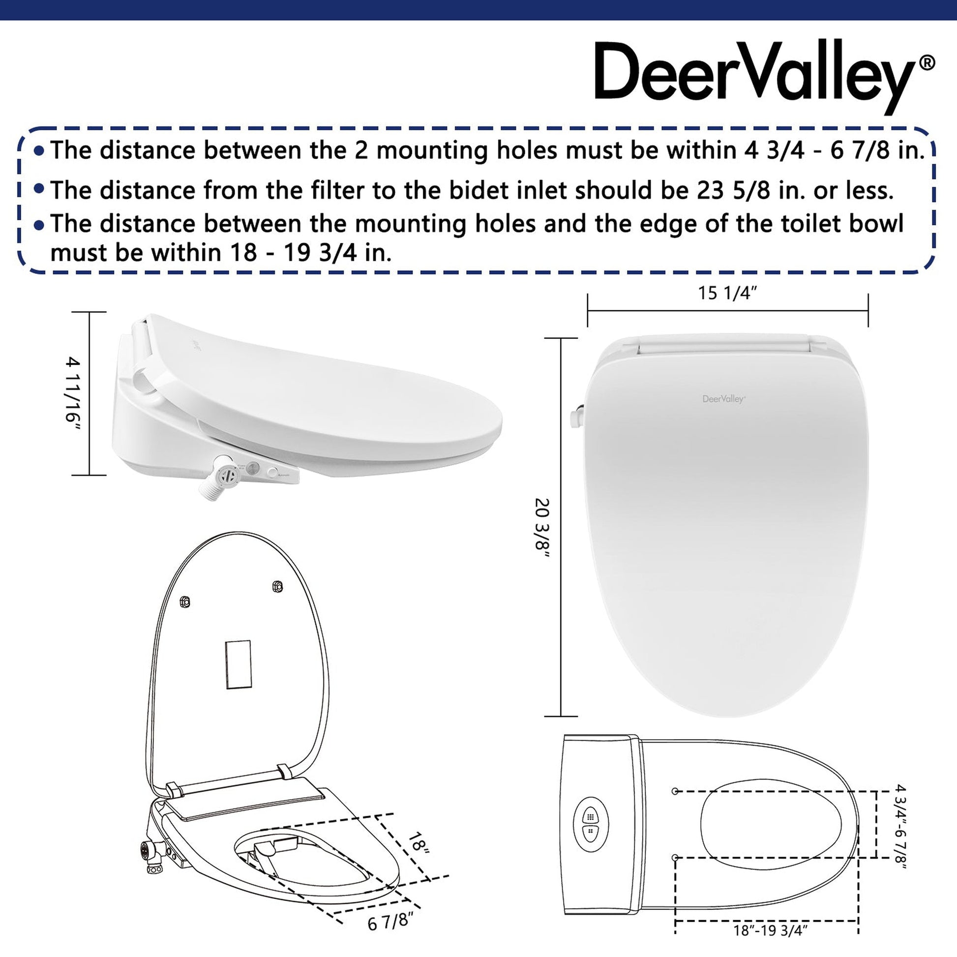 DeerValley Elongated White Bidet Toilet Seat With Wireless Remote