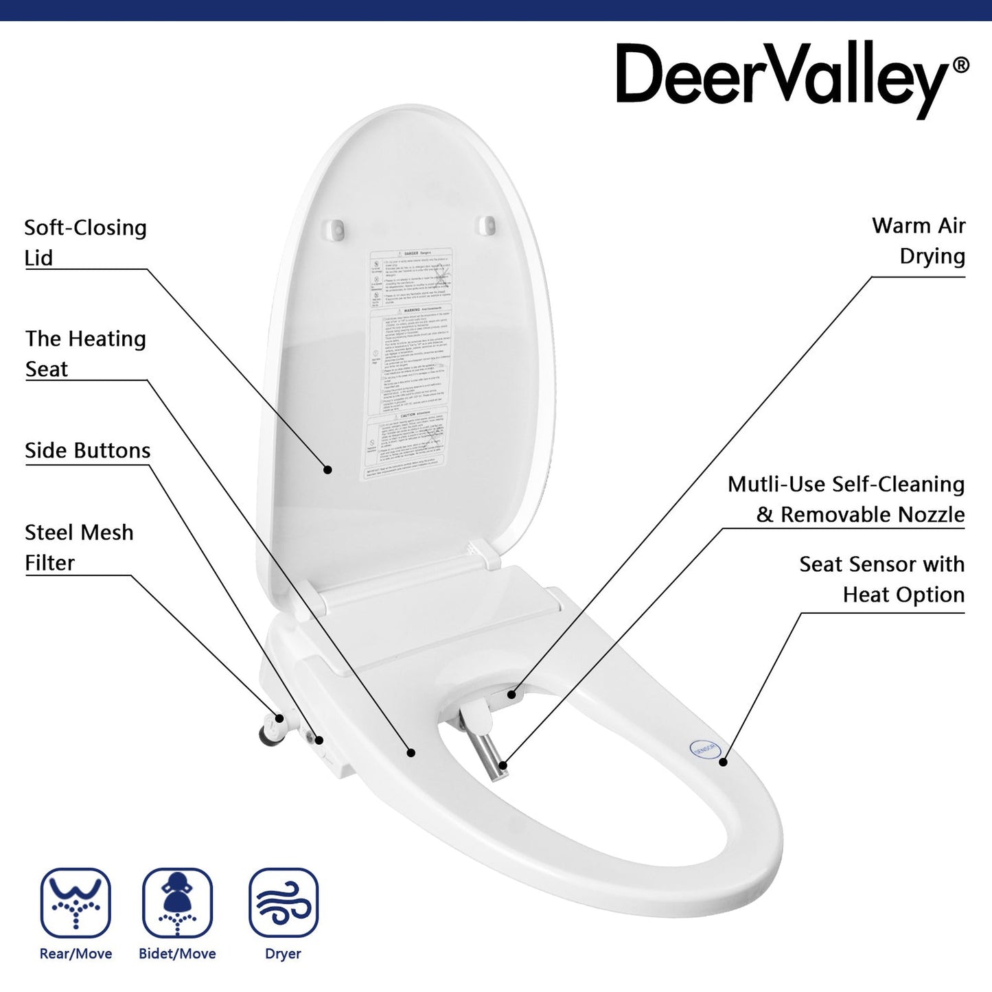 DeerValley Elongated White Bidet Toilet Seat With Wireless Remote