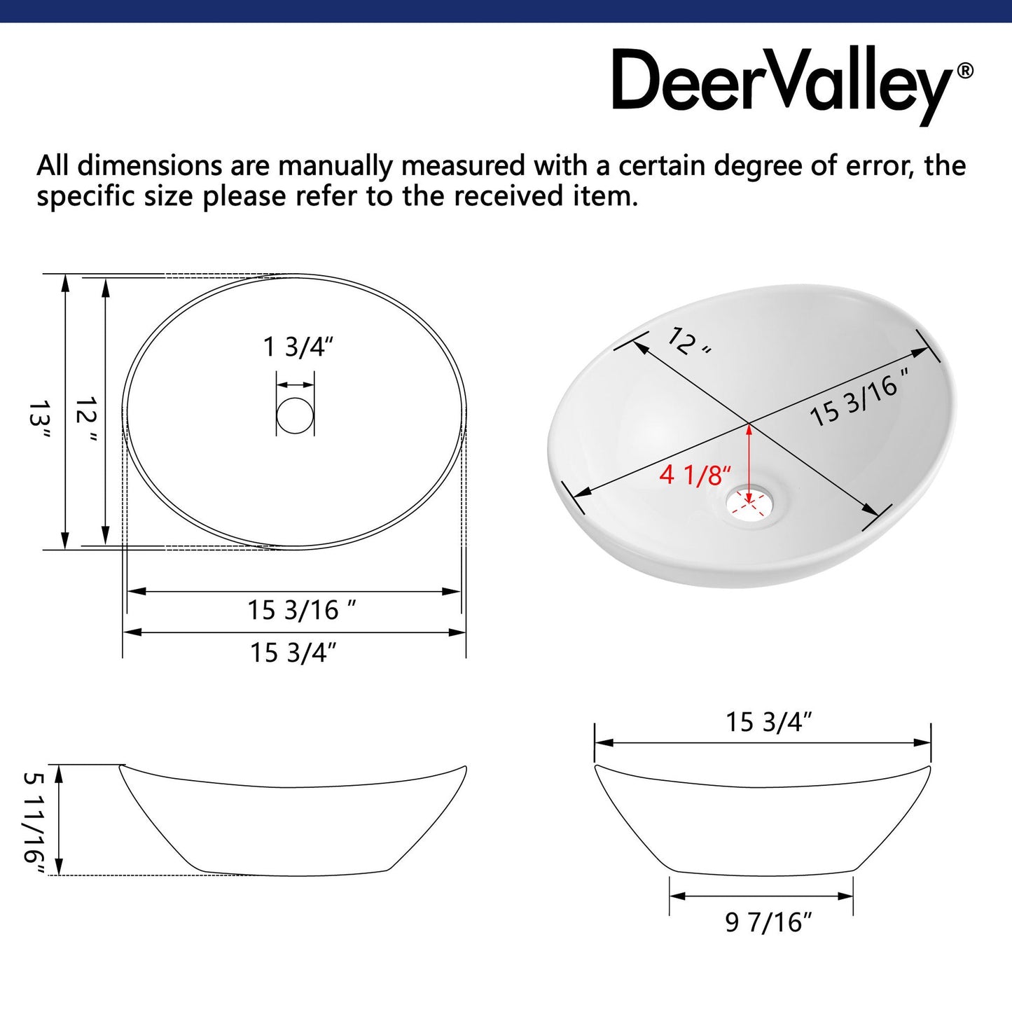 DeerValley Horizon 15" Oval Black Ceramic Vessel Bathroom Sink