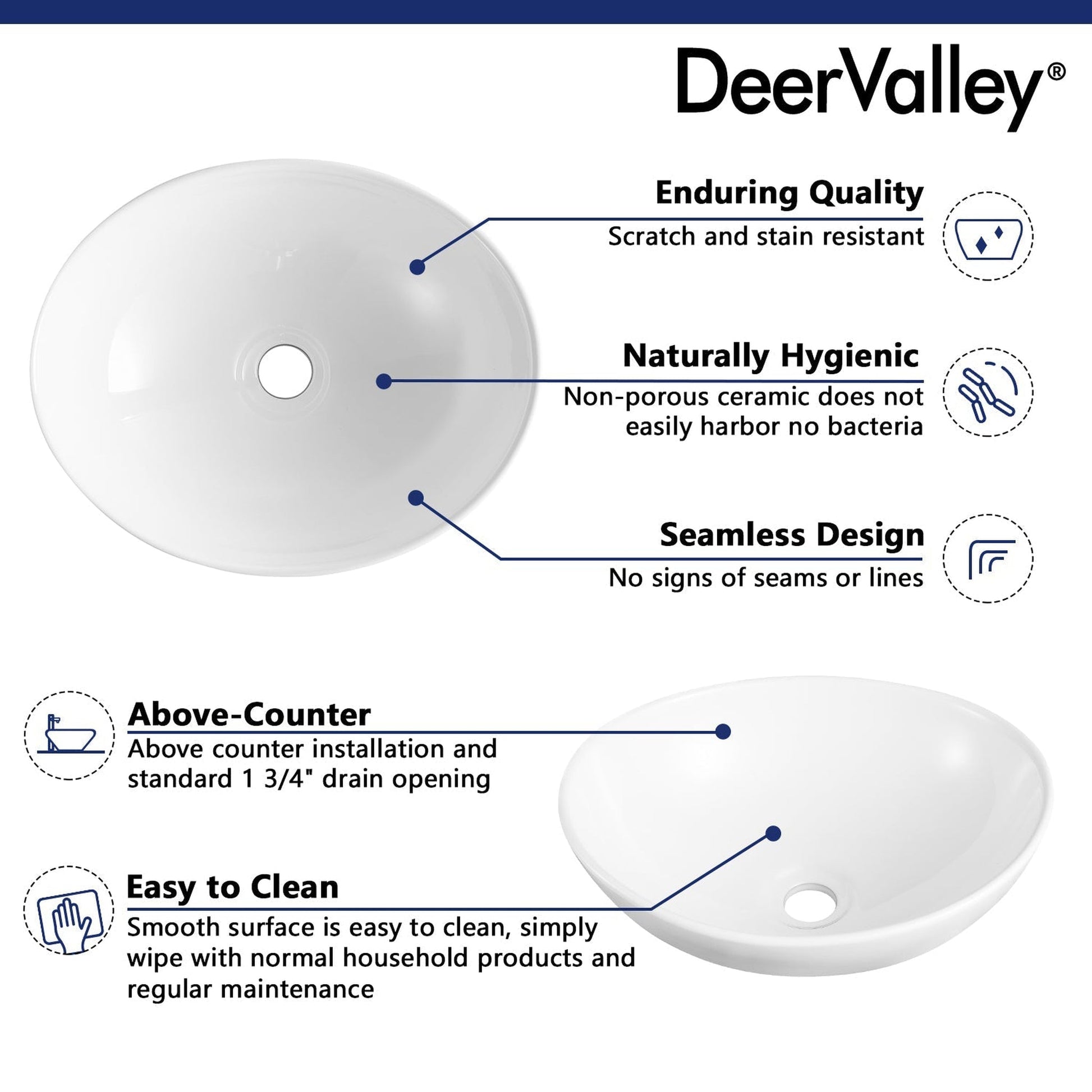 DeerValley DV-1V051 13" x 15.75" x 5.8" White Oval Ceramic Vessel Sink