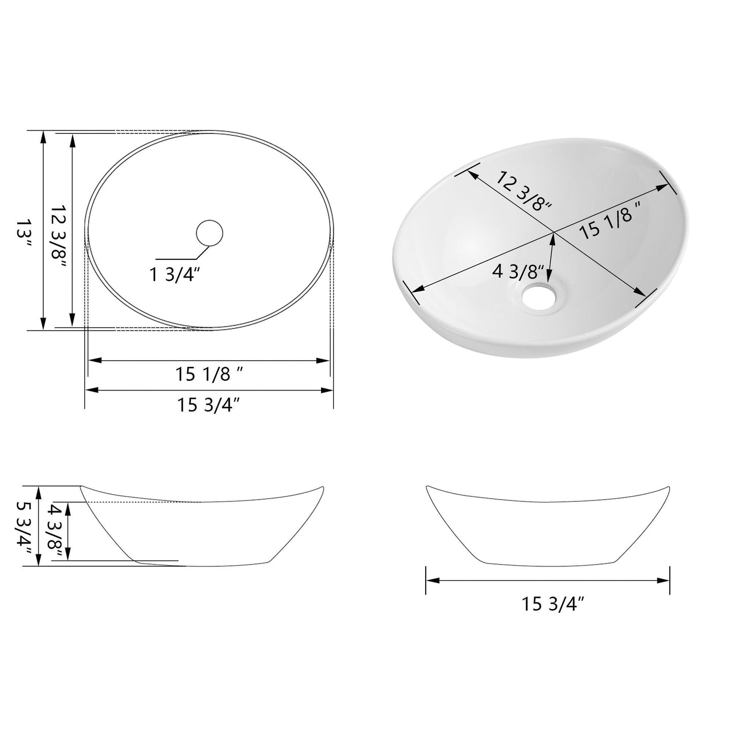 DeerValley DV-1V051 13" x 15.75" x 5.8" White Oval Ceramic Vessel Sink