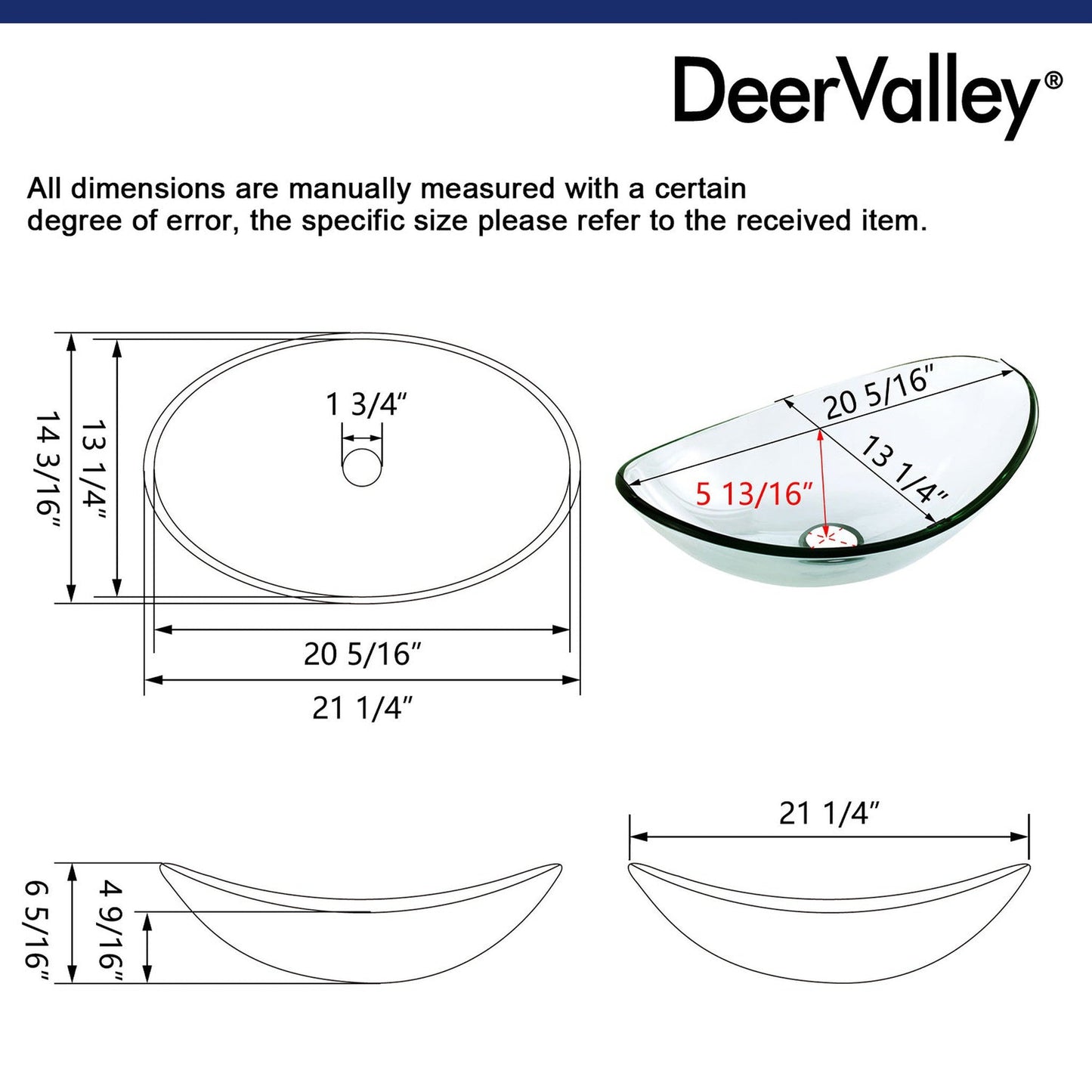 DeerValley Horizon 21" Oval Frosted Tempered Glass Bathroom Vessel Sink