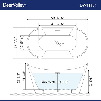 DeerValley Horizon 59" x 30" Oval White Freestanding Acrylic Bathtub