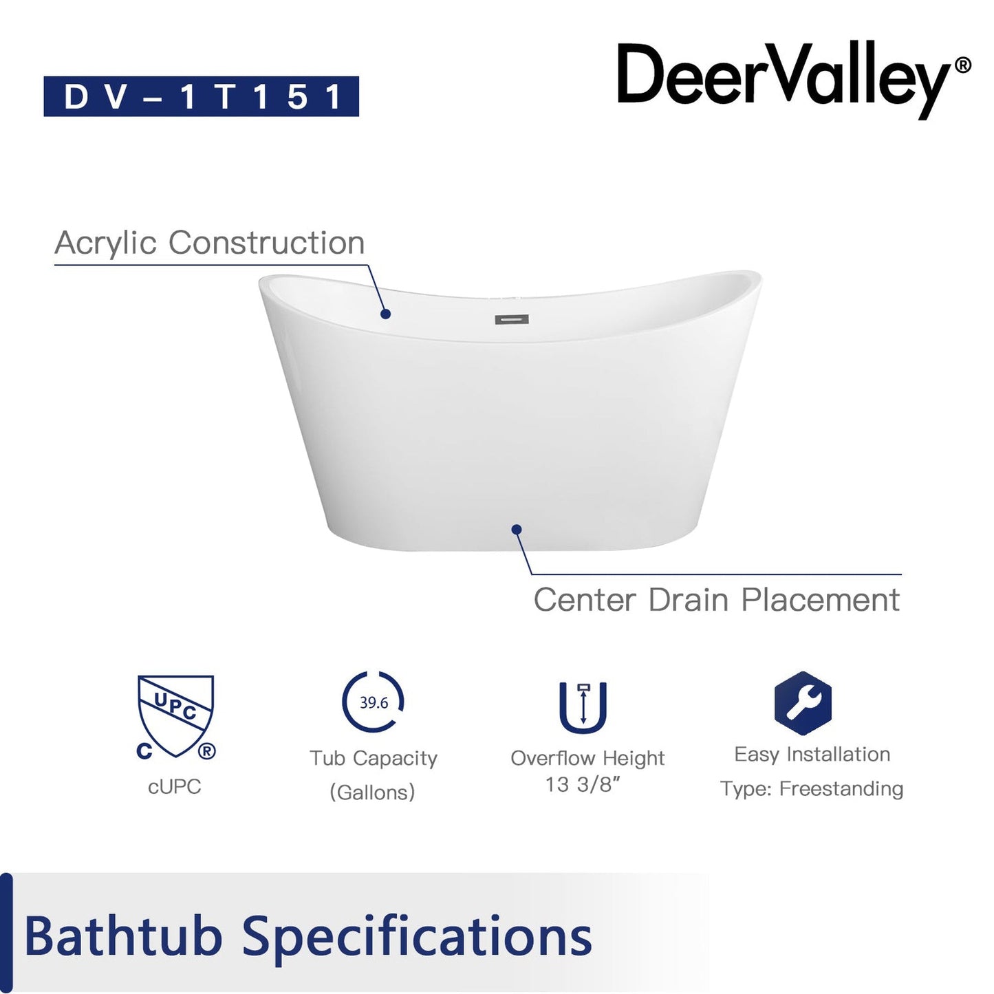 DeerValley Horizon 59" x 30" Oval White Freestanding Acrylic Bathtub