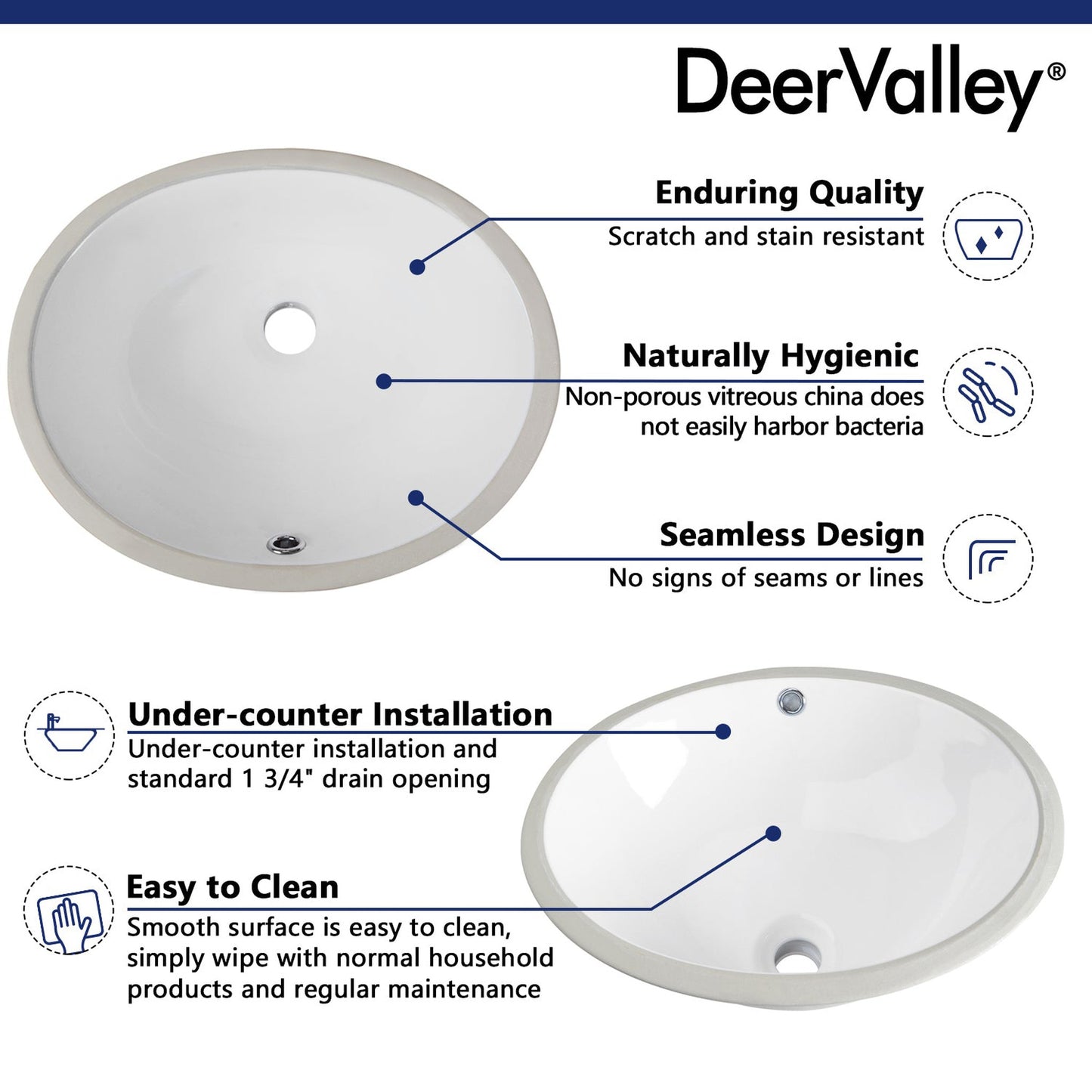 DeerValley Liberty 17" x 13" Oval White Undermount Bathroom Sink With Overflow Hole