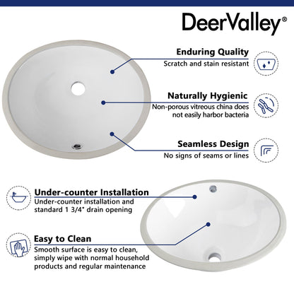 DeerValley Liberty 17" x 13" Oval White Undermount Bathroom Sink With Overflow Hole