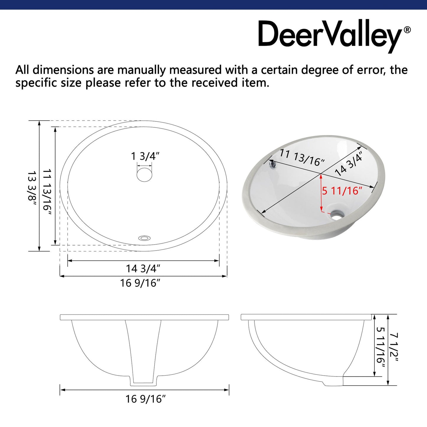 DeerValley Liberty 17" x 13" Oval White Undermount Bathroom Sink With Overflow Hole