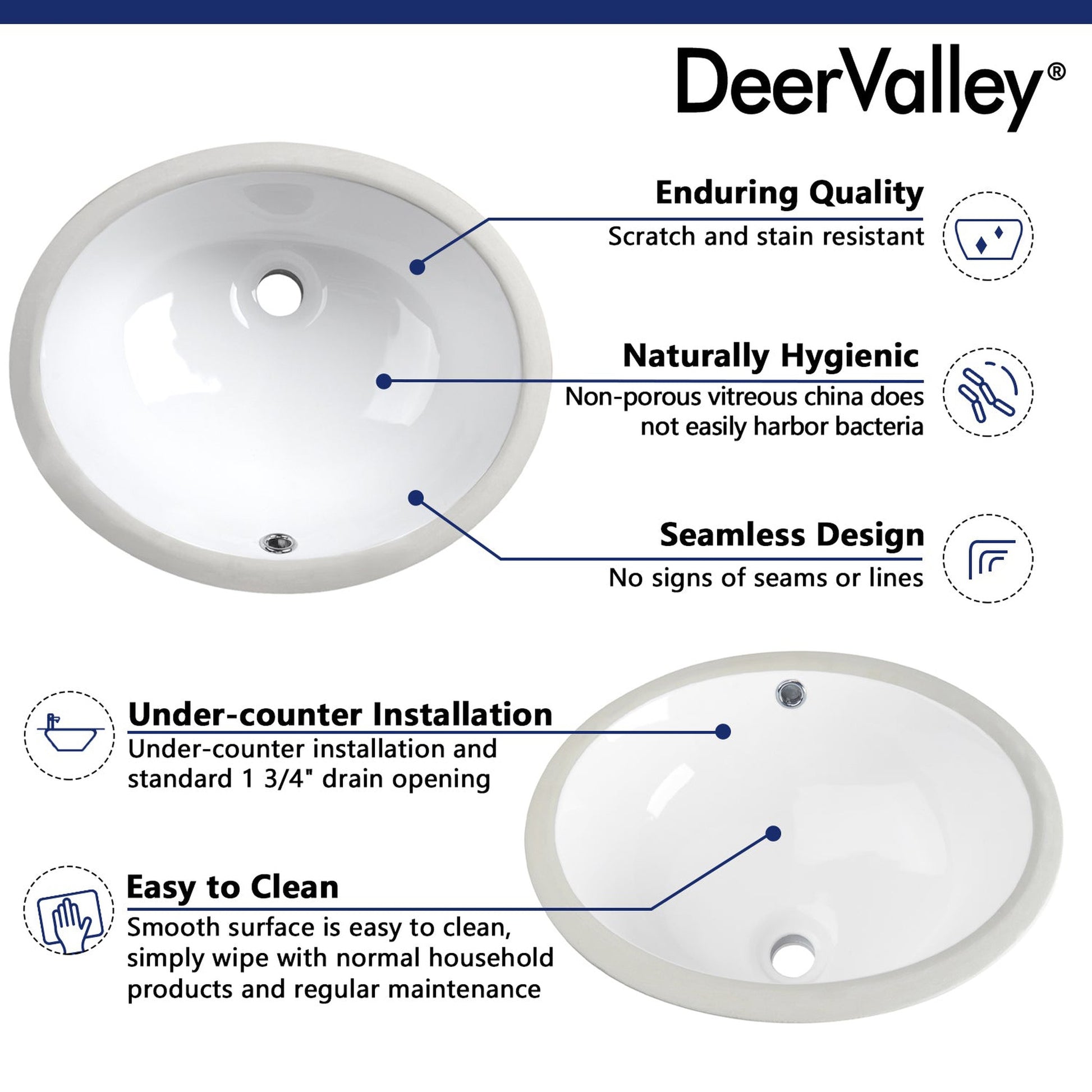 DeerValley Liberty 17" x 14" Oval White Undermount Bathroom Sink With Overflow Hole