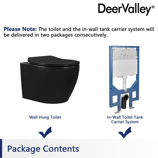 DeerValley Liberty 1.1/1.6GPF Dual-Flush Elongated Black Wall-Mounted Toilet With Concealed In-Wall Toilet Tank
