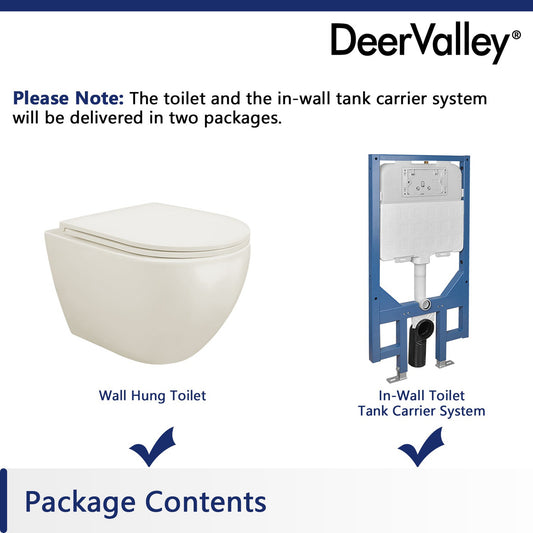 DeerValley Liberty 1.1/1.6GPF Siphon Flushing Elongated Bone Wall-Mounted Toilet With Concealed In-Wall Toilet Tank