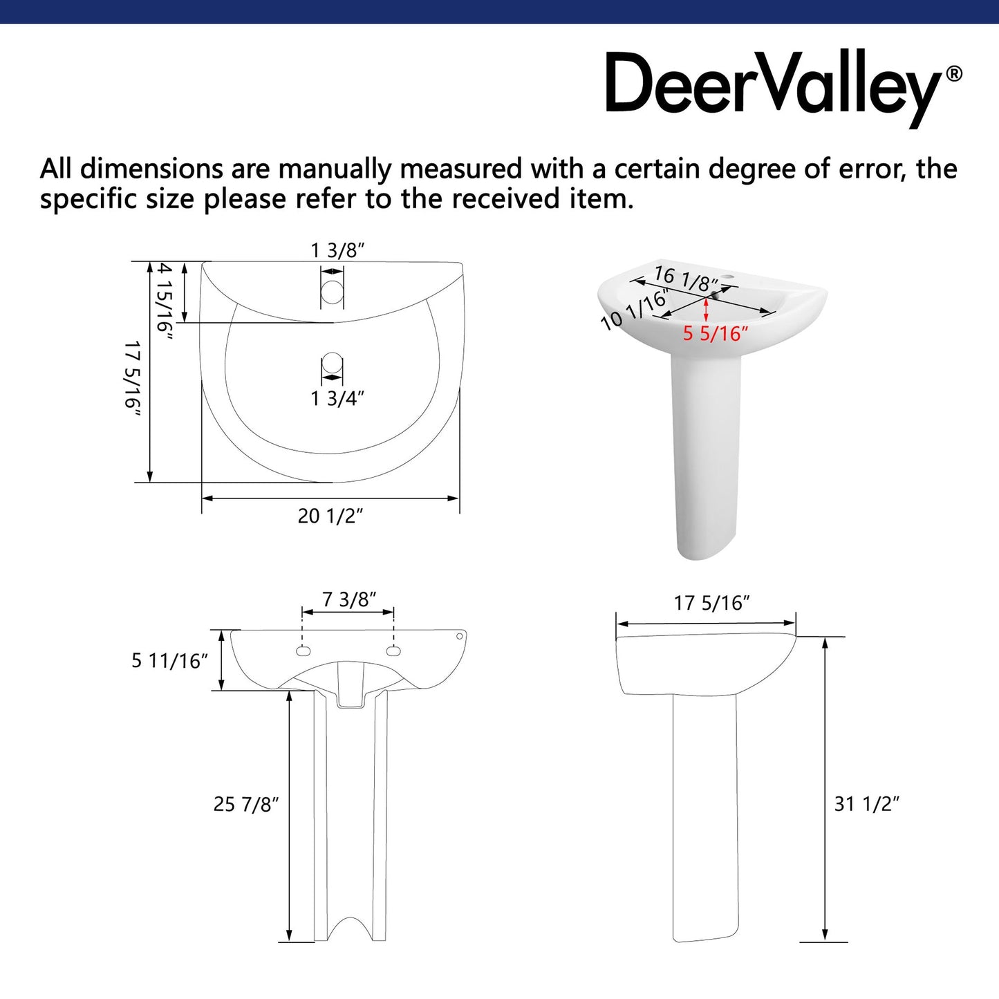 DeerValley Liberty 20" x 17" U-Shape White Pedestal Bathroom Sink With Overflow Hole