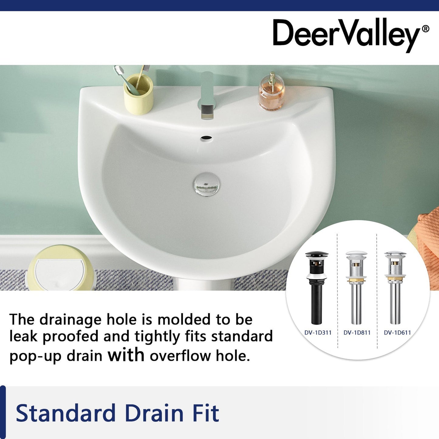 DeerValley Liberty 20" x 17" U-Shape White Pedestal Bathroom Sink With Overflow Hole