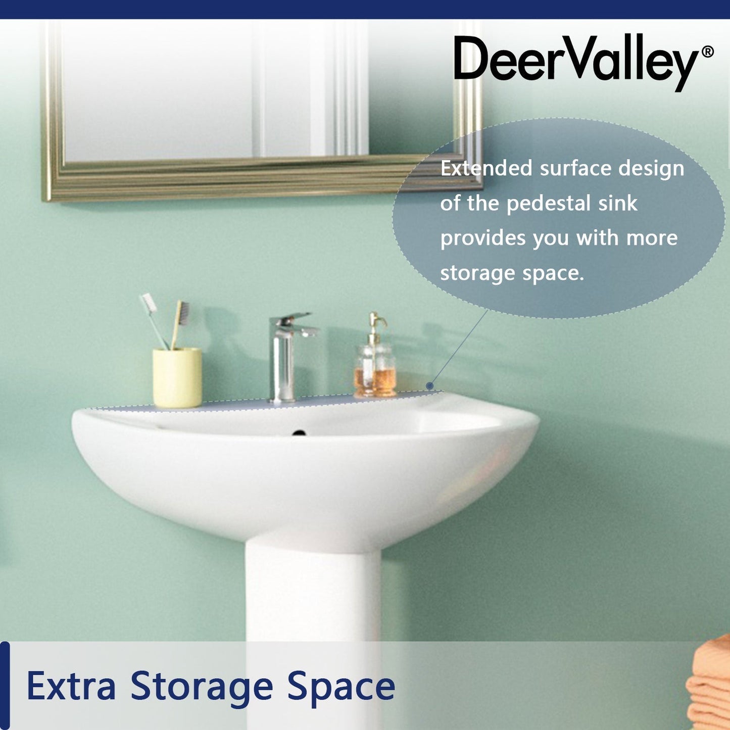 DeerValley Liberty 20" x 17" U-Shape White Pedestal Bathroom Sink With Overflow Hole