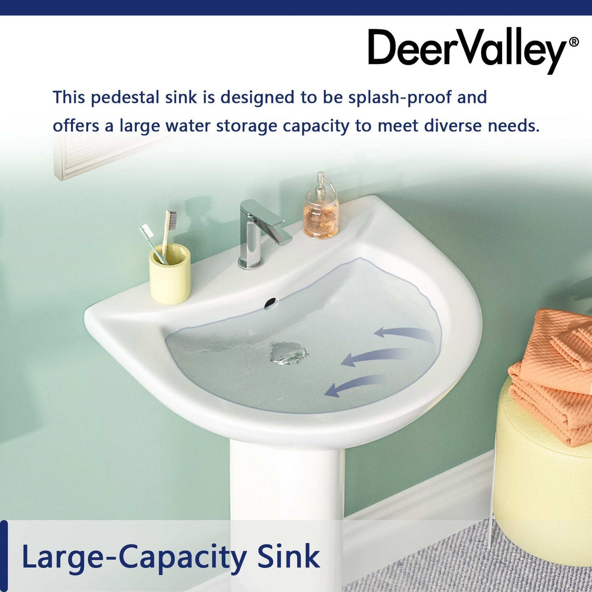 DeerValley Liberty 20" x 17" U-Shape White Pedestal Bathroom Sink With Overflow Hole