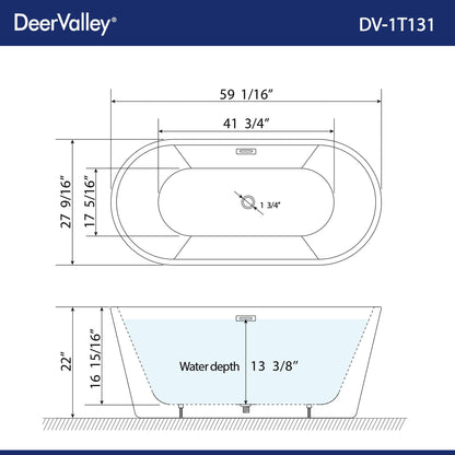 DeerValley Liberty 59" x 28" Oval White Freestanding Acrylic Bathtub